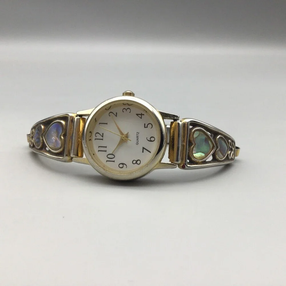 Vintage Abalone Heart Watch Womens 24mm Gold Tone Stretch Band New Battery - Picture 8 of 14